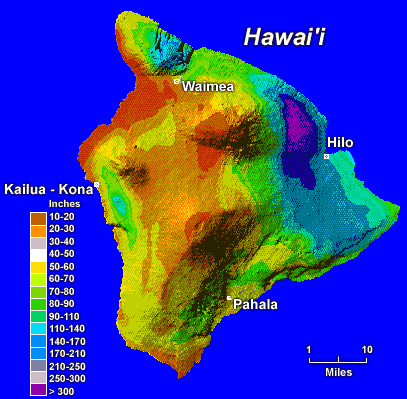 Colored map of rainfall in inches throughout the Big Island