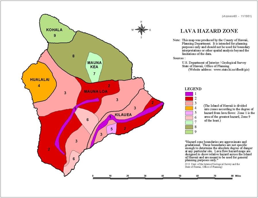 A map and legend of lava zones on the Big Island